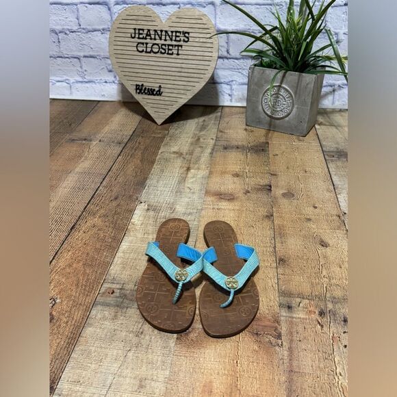 Tory Burch Blue Patent THORA Gold Logo Flip Flop Sandal US 7 M - Picture 11 of 14
